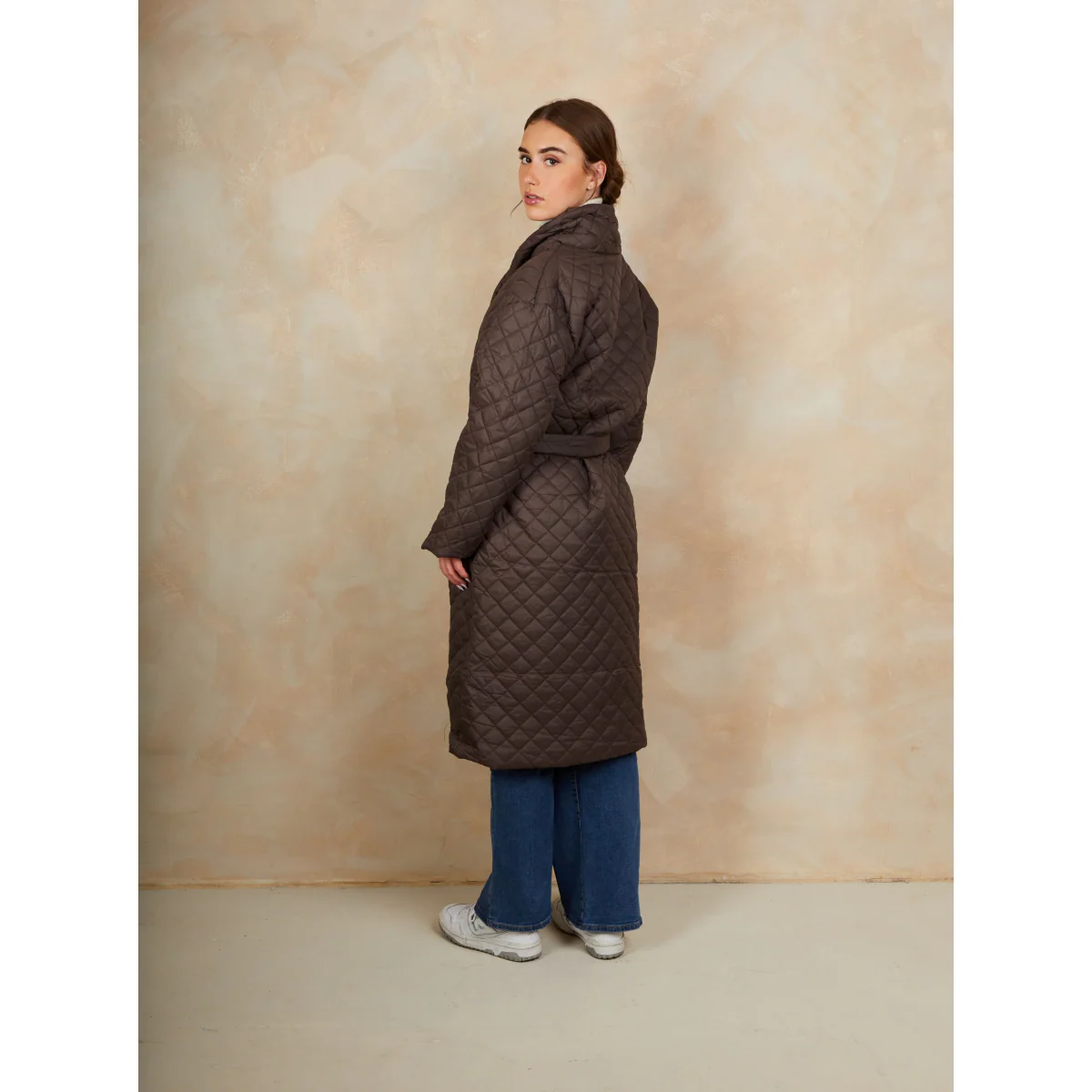 Diamond Quilted Longline Belted Coat in Chocolate - Image 5