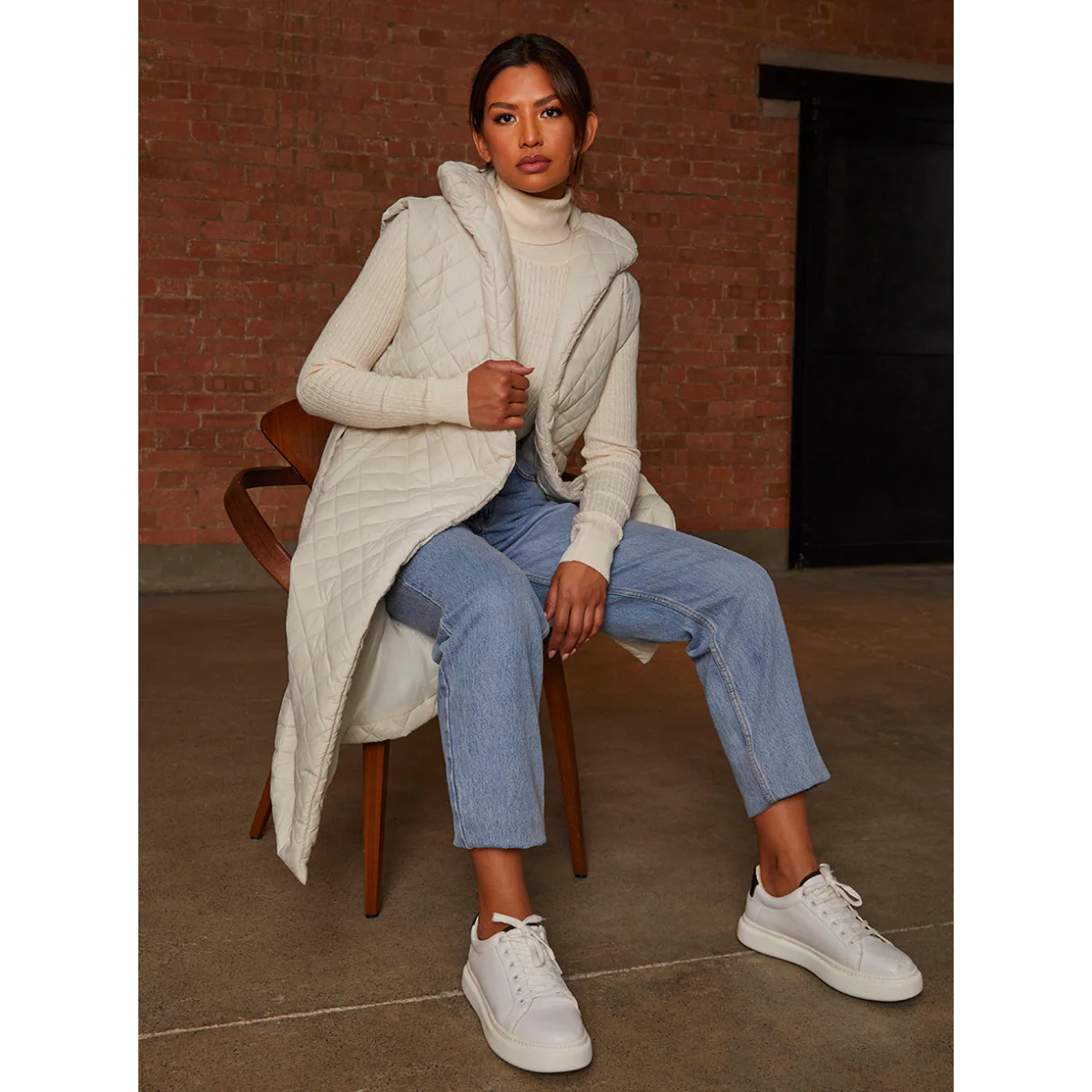 Diamond Quilted Longline Belted Gilet in Cream - Image 3