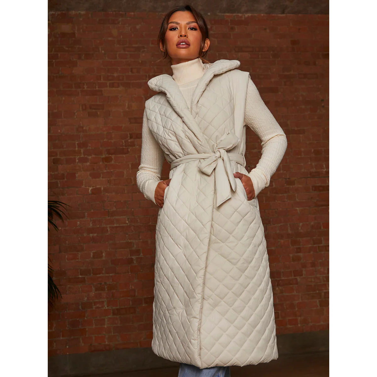 Diamond Quilted Longline Belted Gilet in Cream - Image 4