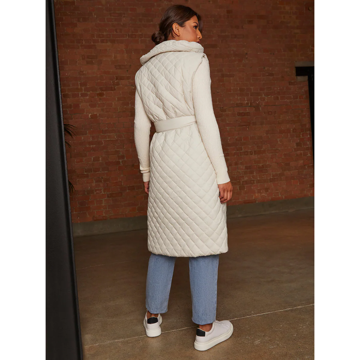 Diamond Quilted Longline Belted Gilet in Cream - Image 5