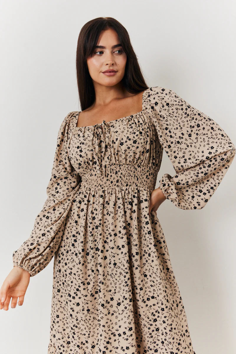 Floral Printed Tiered Midi Dress with Ruched Bust and Tie Front Detail - Image 2