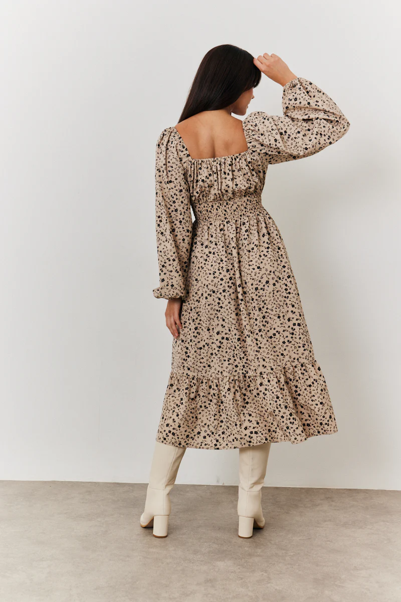 Floral Printed Tiered Midi Dress with Ruched Bust and Tie Front Detail - Image 4
