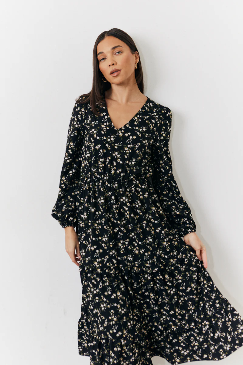 Black Ditsy Floral Printed Wrap Midi Dress - Image 2