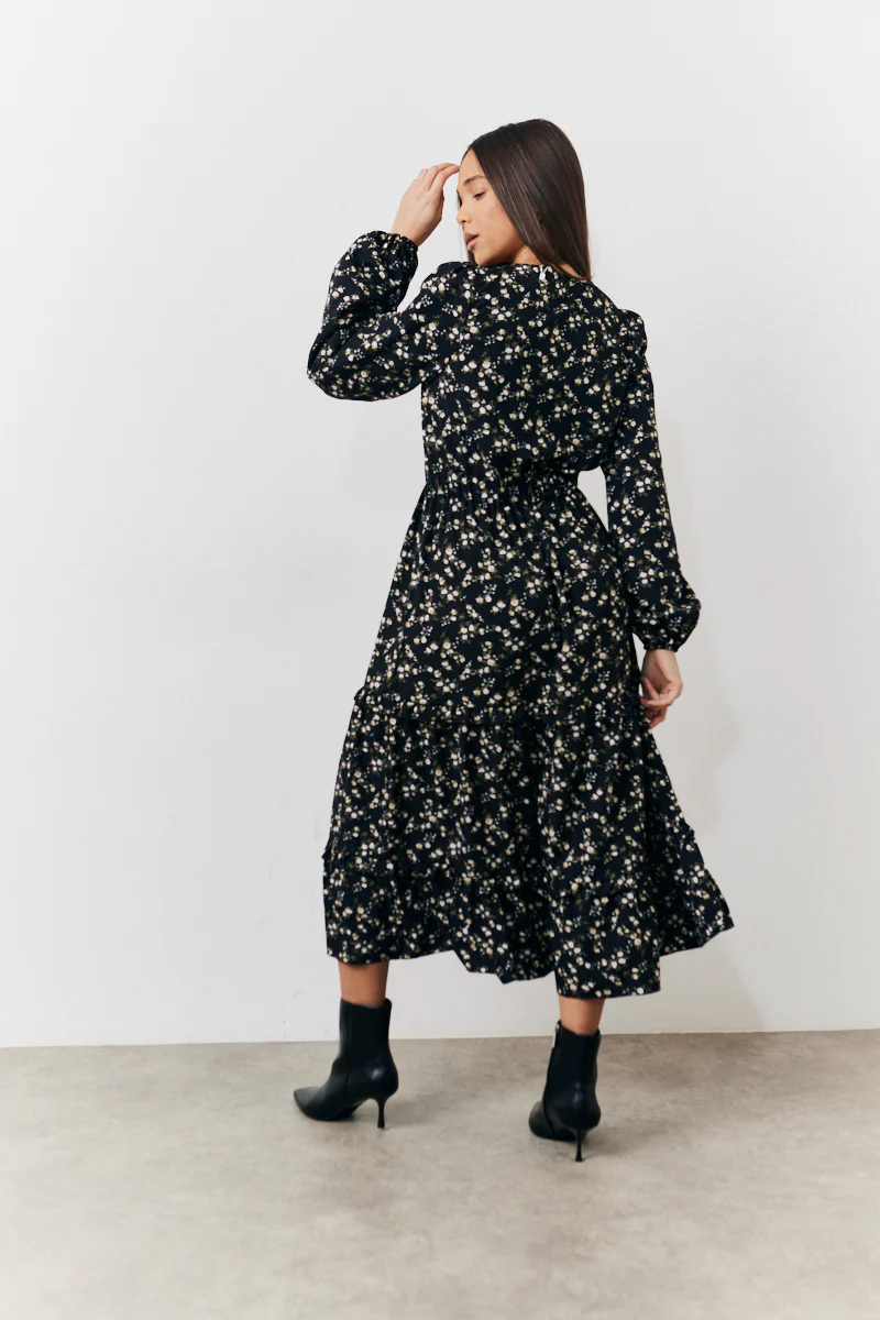 Black Ditsy Floral Printed Wrap Midi Dress - Image 3