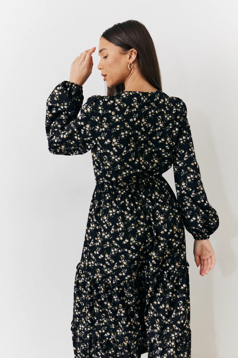 Black Ditsy Floral Printed Wrap Midi Dress - Image 4