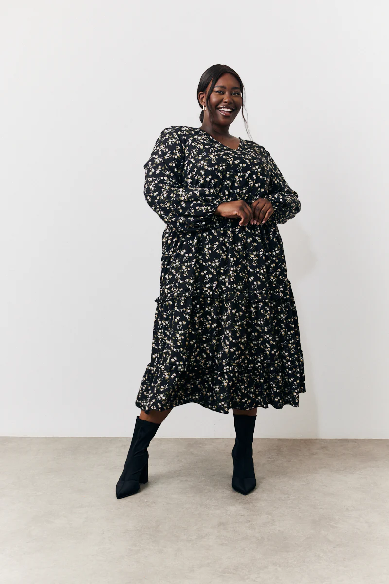 Black Ditsy Floral Printed Wrap Midi Dress - Image 5