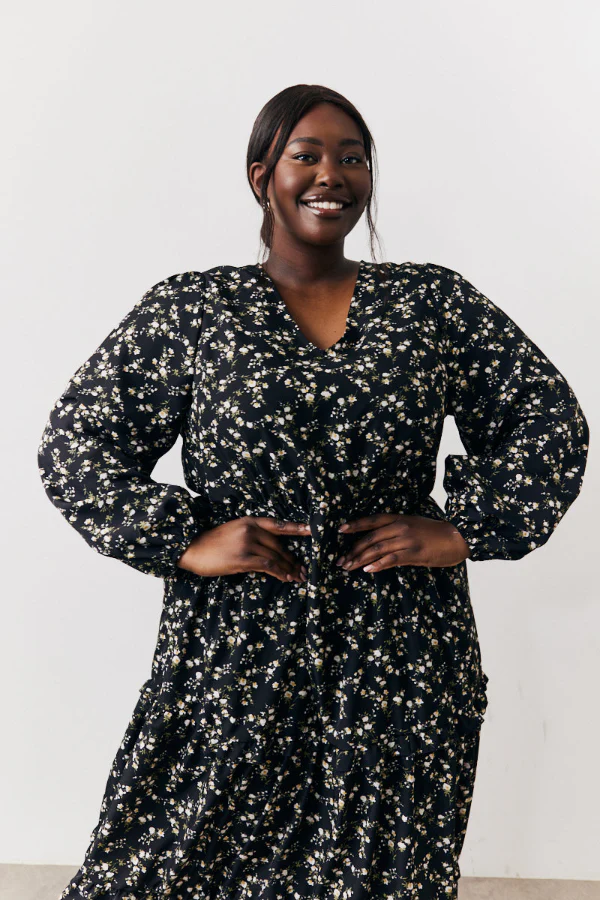 Black Ditsy Floral Printed Wrap Midi Dress - Image 6
