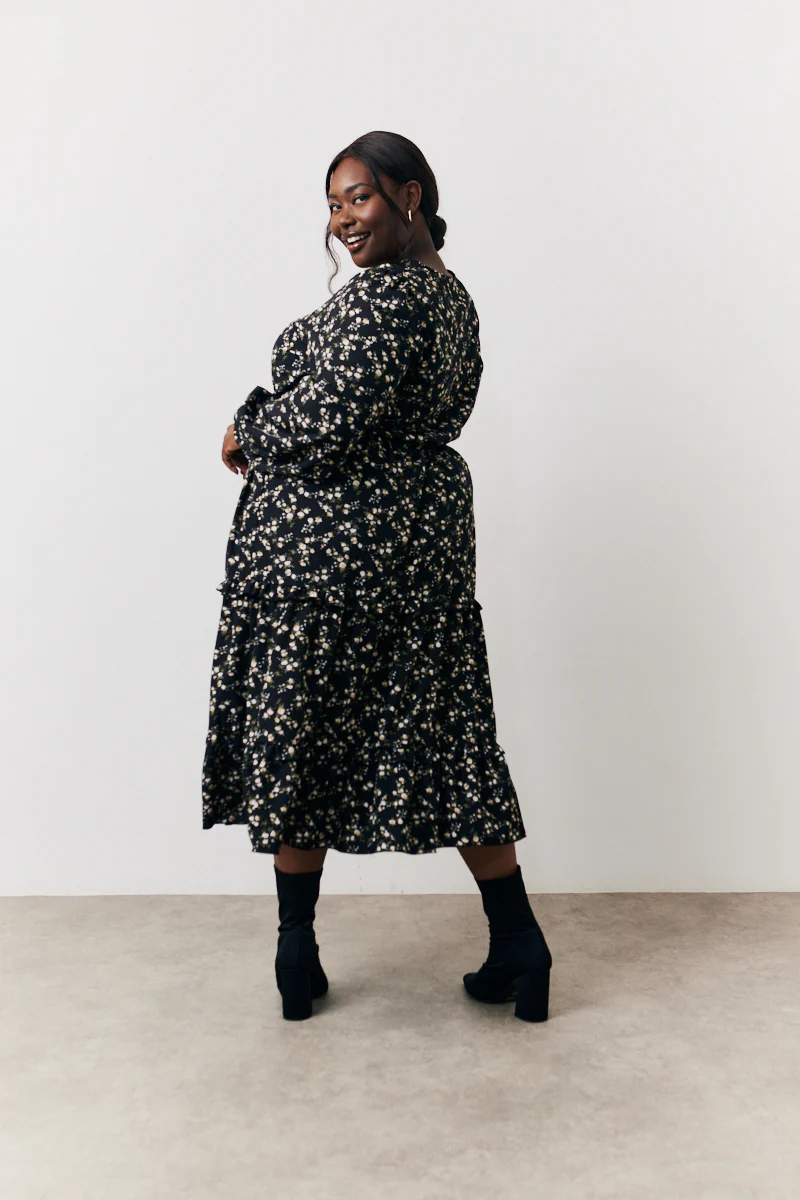 Black Ditsy Floral Printed Wrap Midi Dress - Image 7