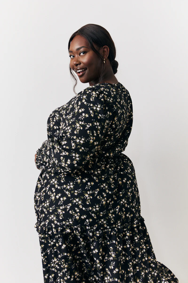 Black Ditsy Floral Printed Wrap Midi Dress - Image 8