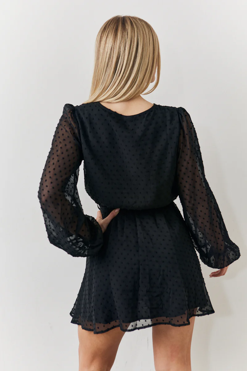 Black Dobby Chiffon Belted Mini Dress - Image 3