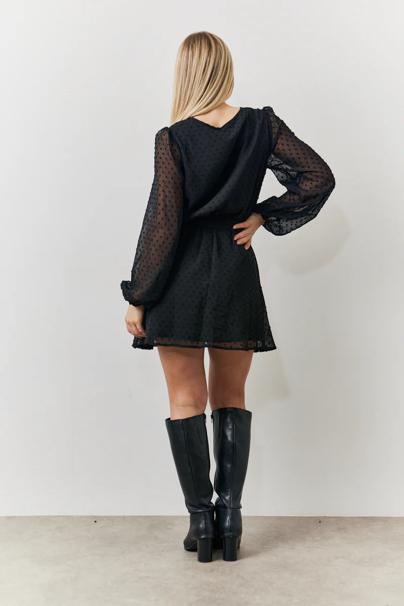 Black Dobby Chiffon Belted Mini Dress - Image 4