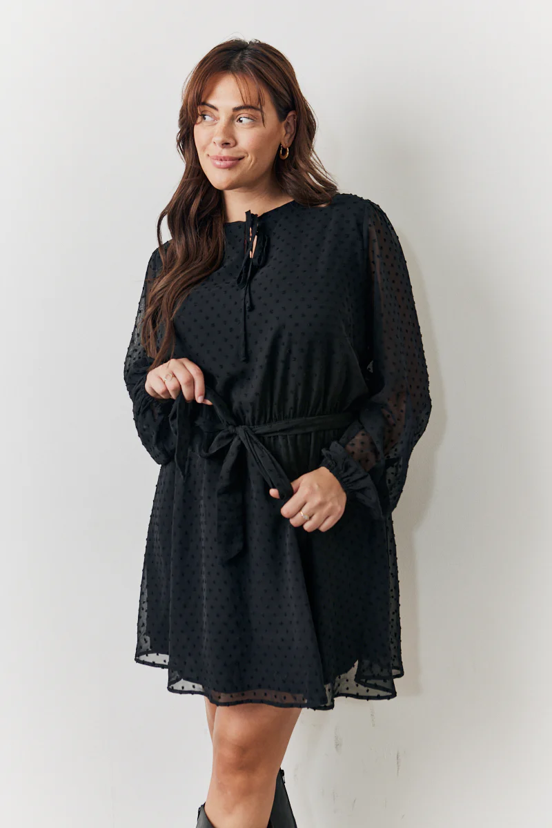 Black Dobby Chiffon Belted Mini Dress - Image 5