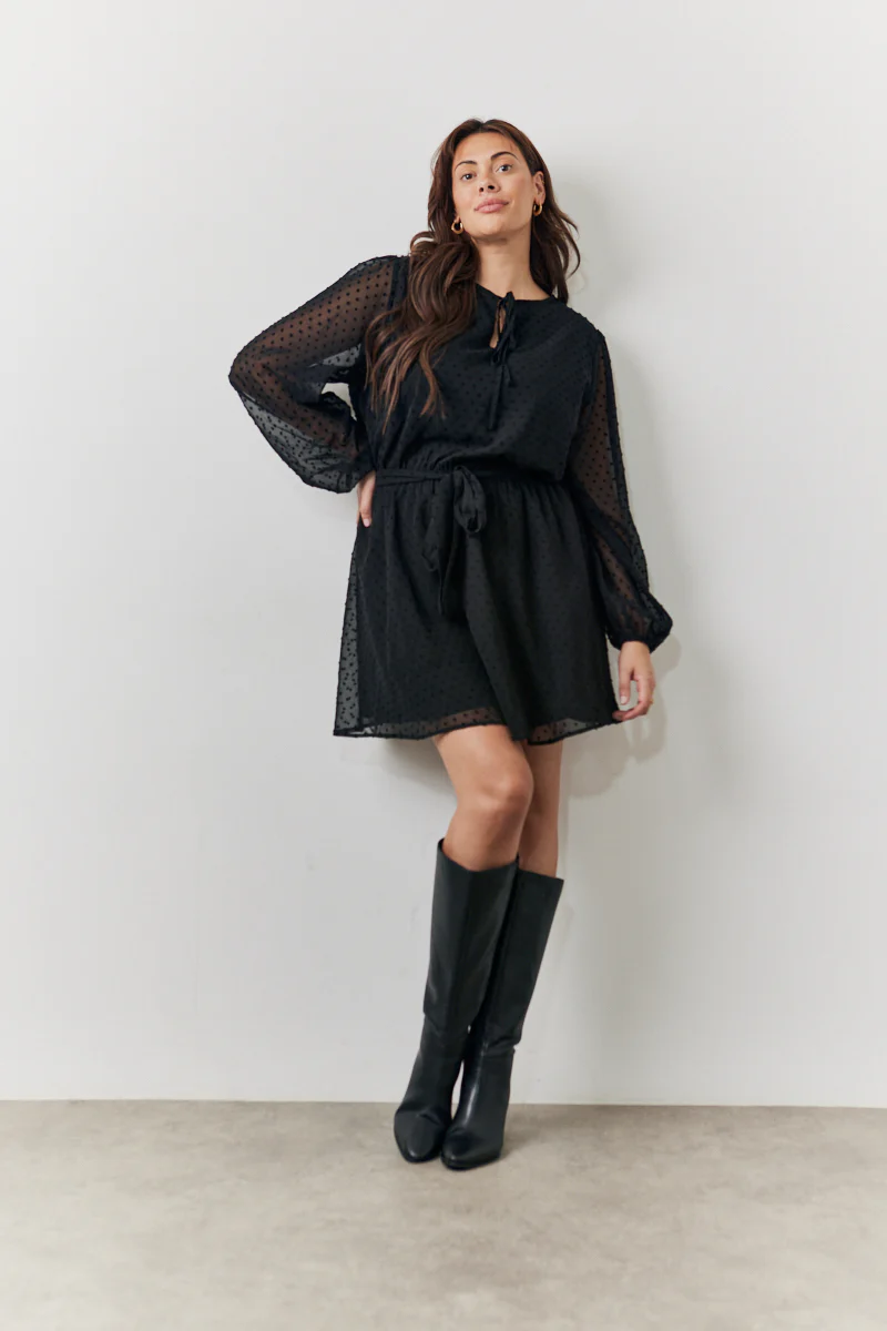Black Dobby Chiffon Belted Mini Dress - Image 6