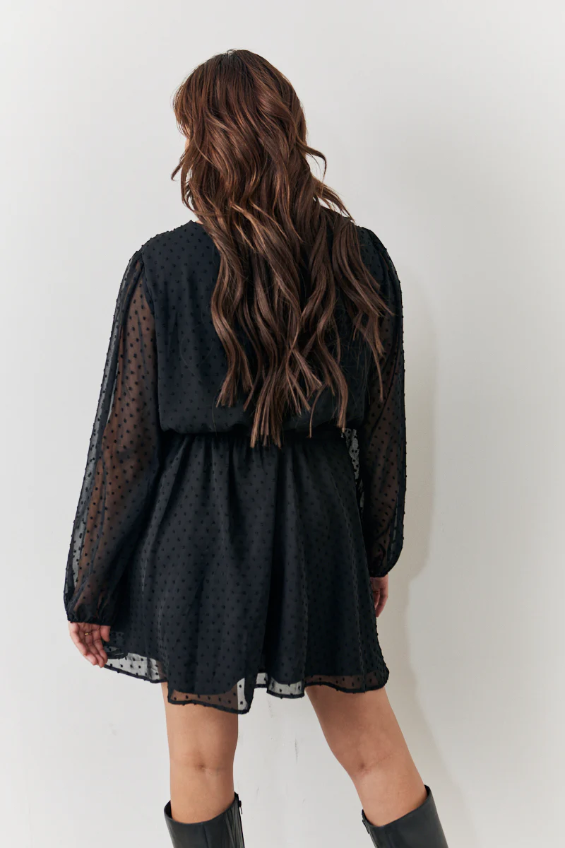 Black Dobby Chiffon Belted Mini Dress - Image 7