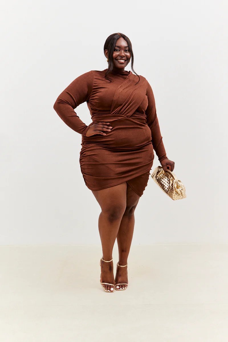 Acetate Slinky Drape Wrap Long Sleeve Mini Dress - Image 6