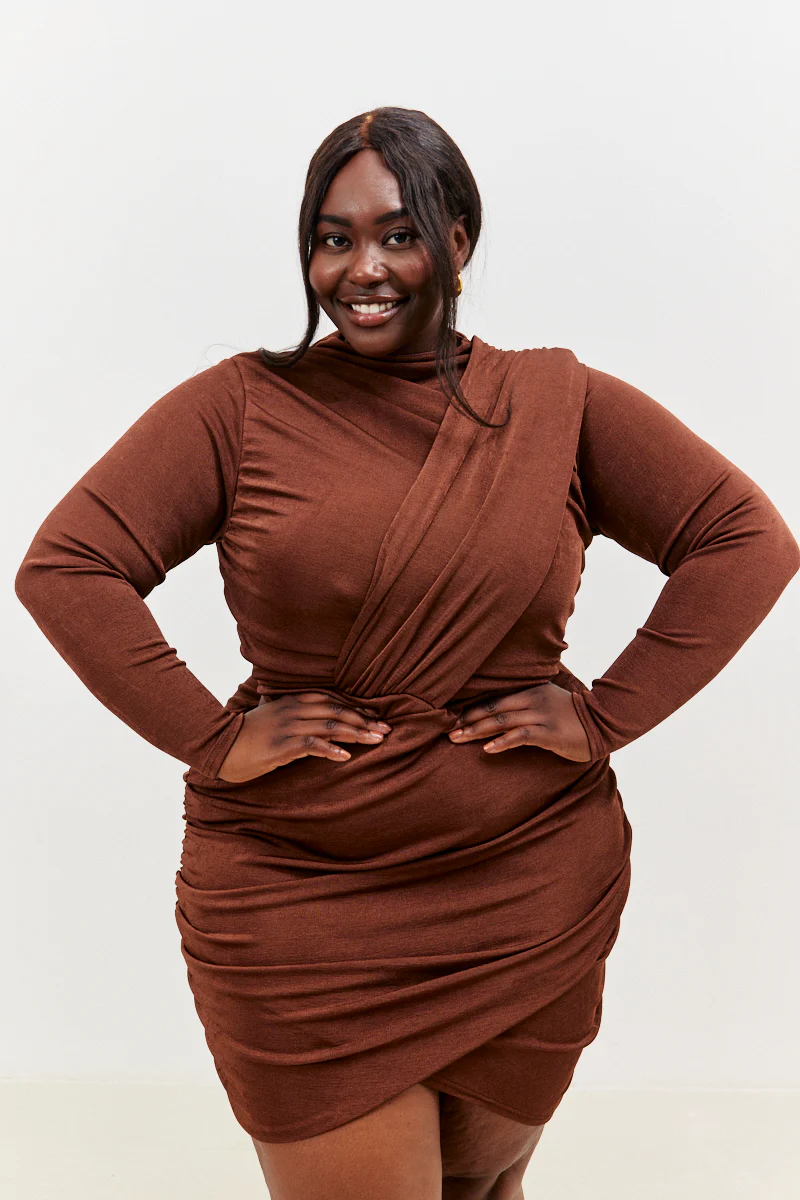 Acetate Slinky Drape Wrap Long Sleeve Mini Dress - Image 7