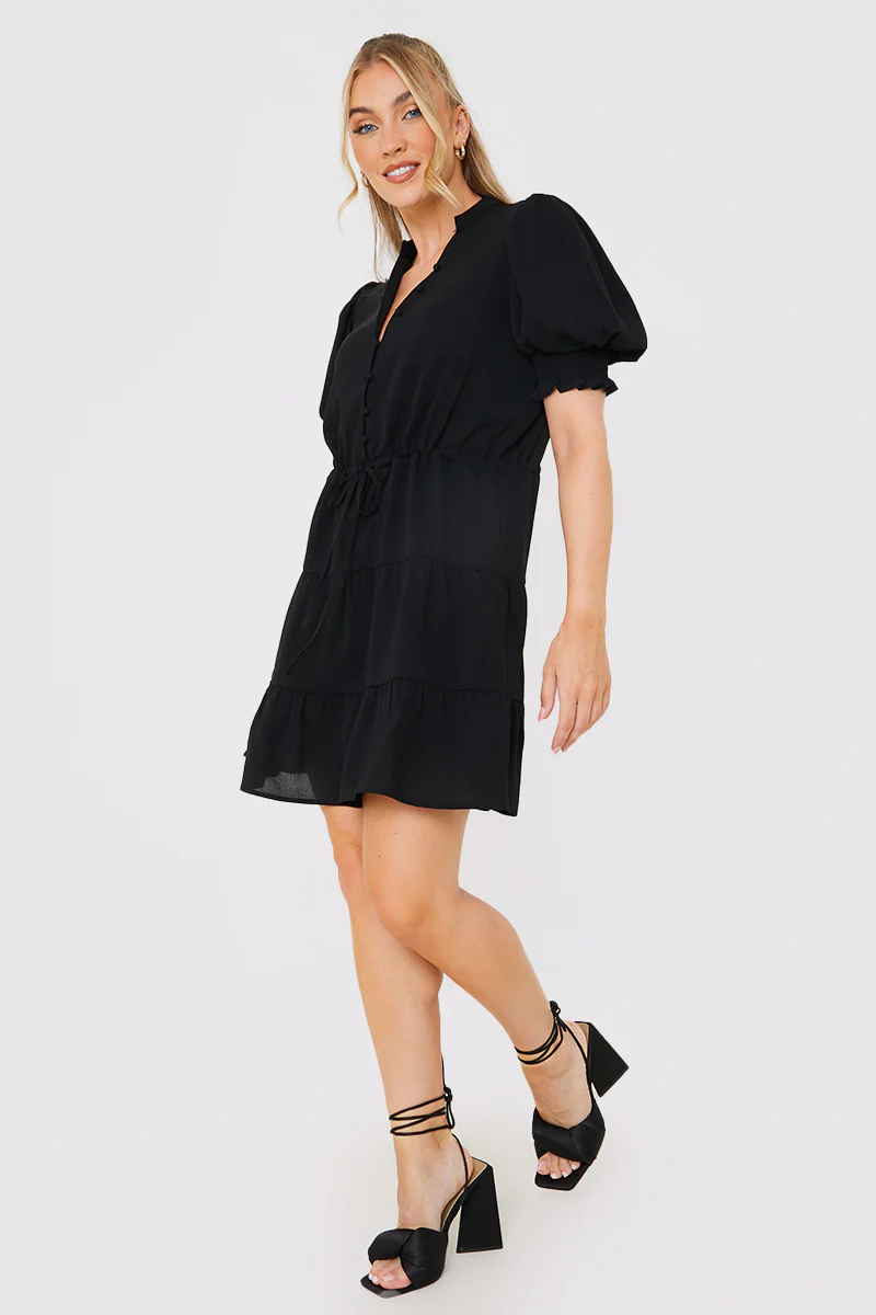Drawstring Waist Balloon Sleeve Mini Dress - Image 3