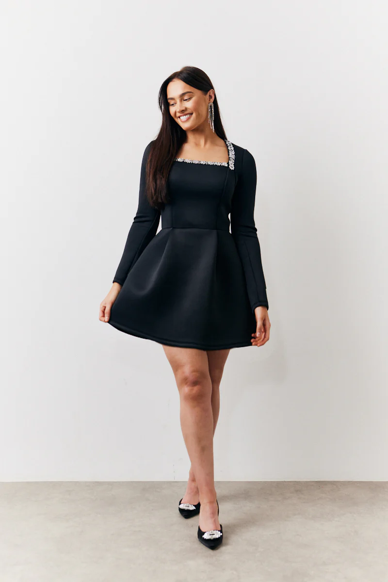 Black Embellished Neckline Black Mini Dress - Image 2