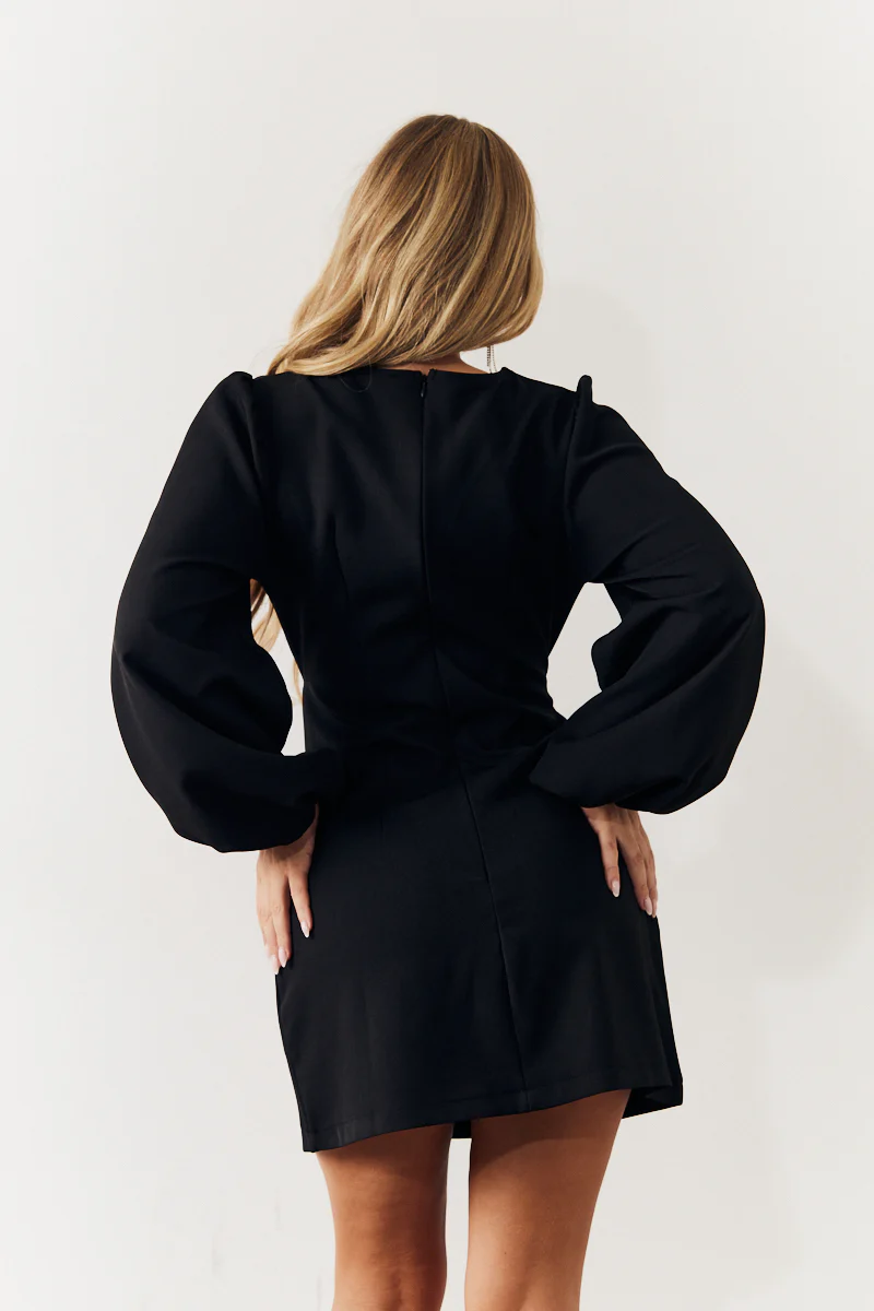 Black Embellished Trim Cut Out Balloon Sleeve Mini Dress - Image 3