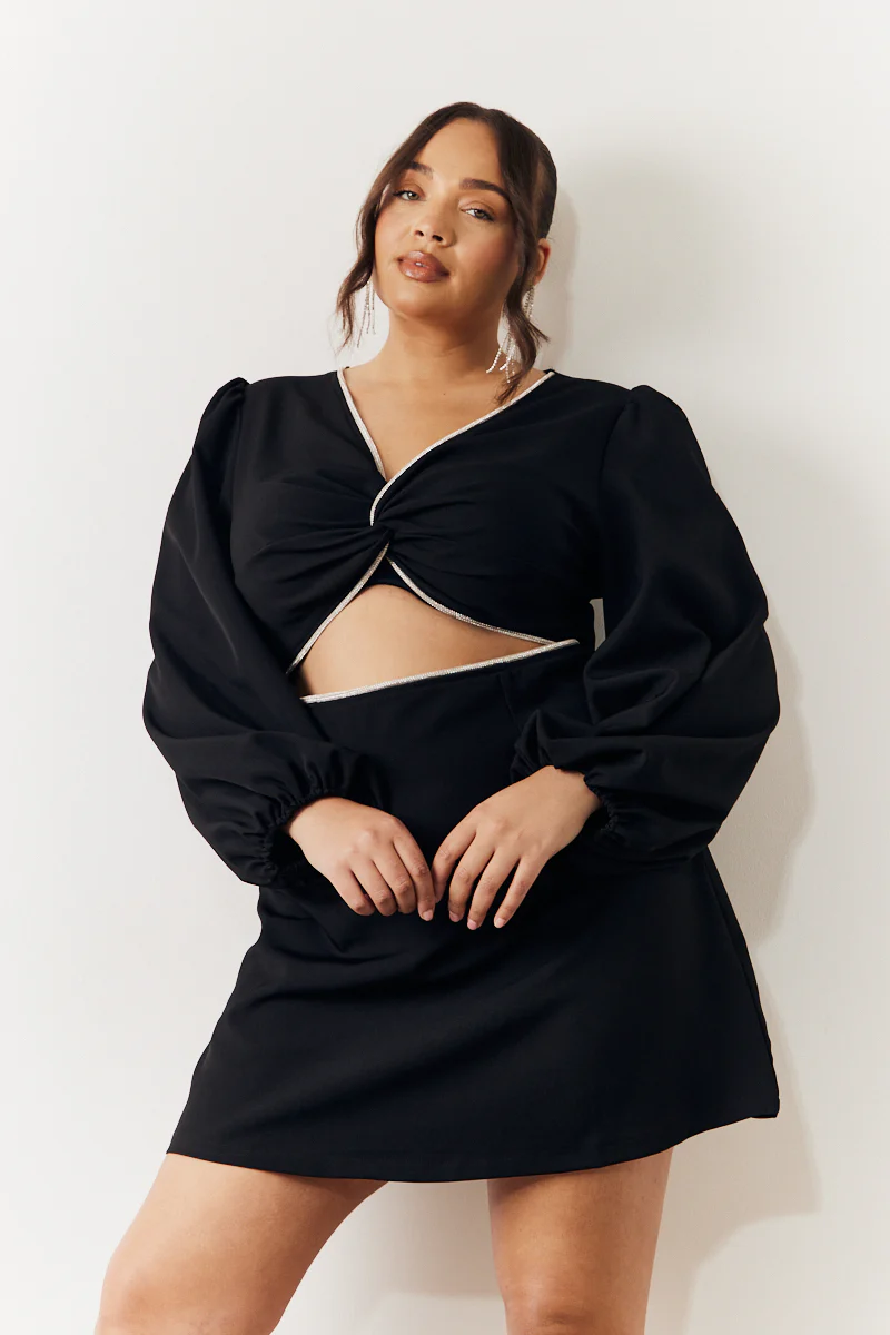 Black Embellished Trim Cut Out Balloon Sleeve Mini Dress - Image 5