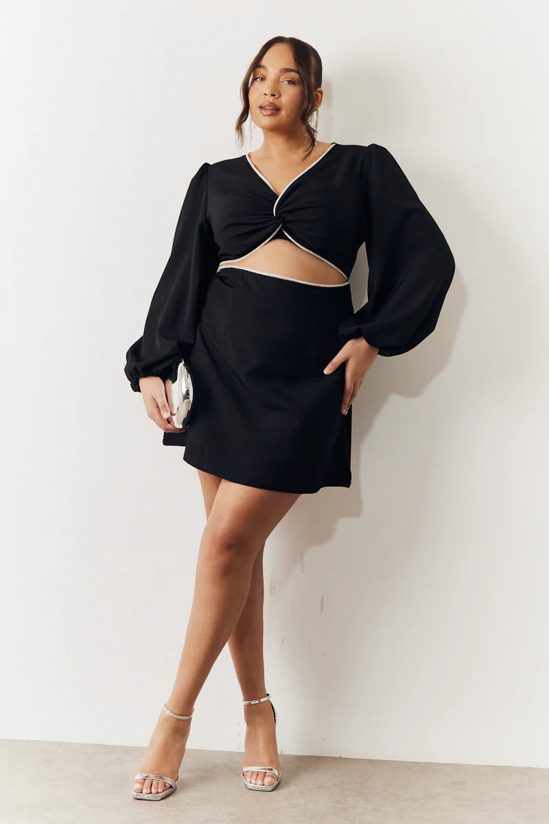 Black Embellished Trim Cut Out Balloon Sleeve Mini Dress - Image 6