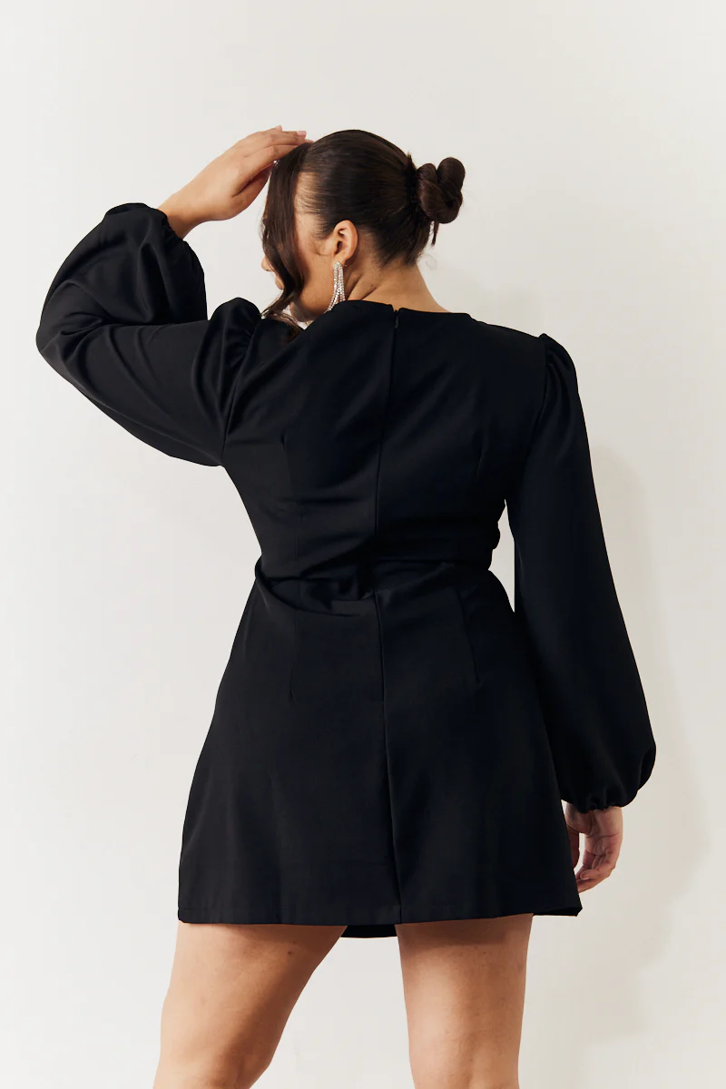Black Embellished Trim Cut Out Balloon Sleeve Mini Dress - Image 7