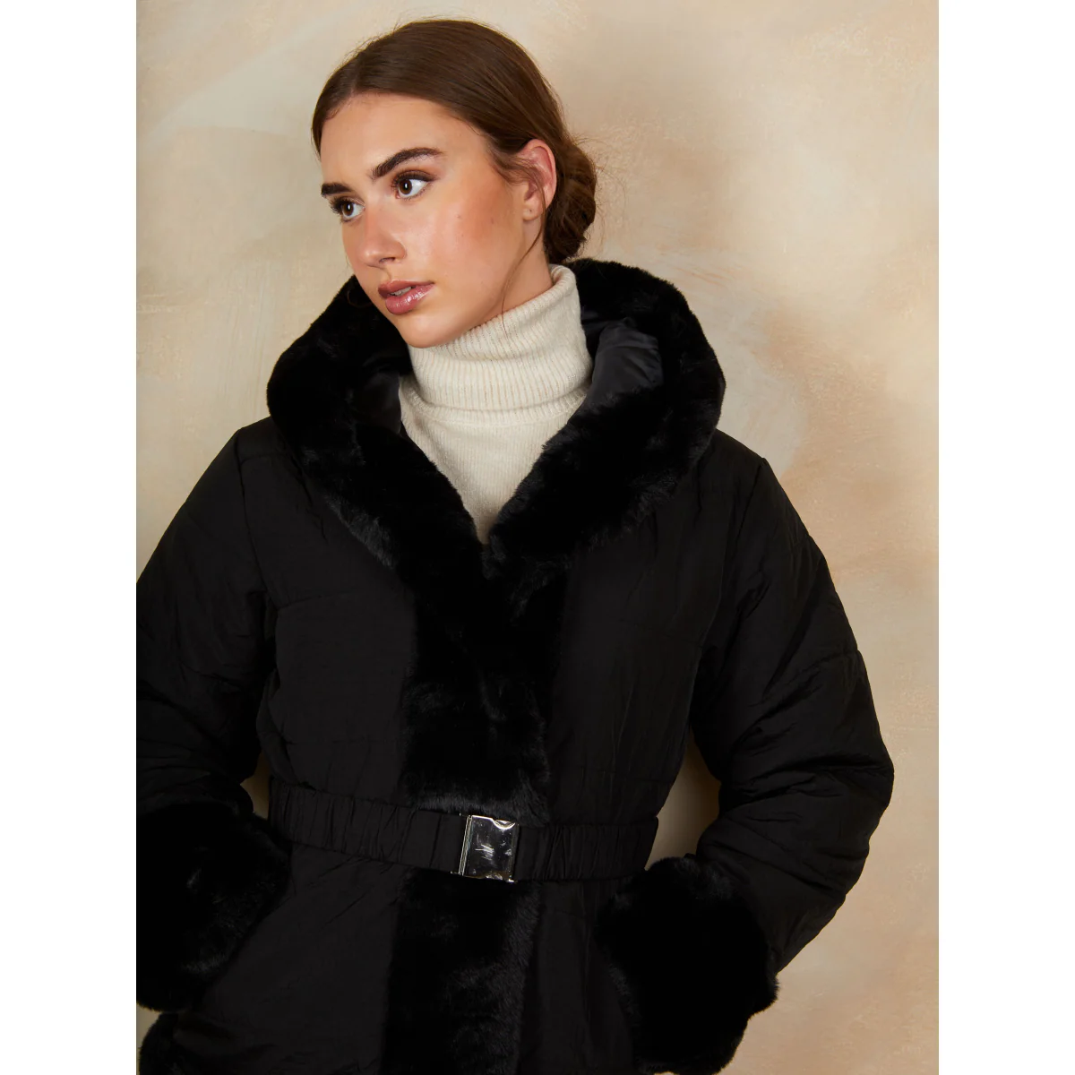 Faux Fur Belted Padded Coat in Black - Image 3