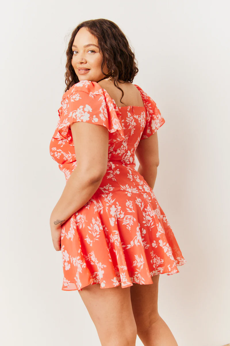 Coral Floral Print Chiffon Flutter Sleeve Mini Dress - Image 2