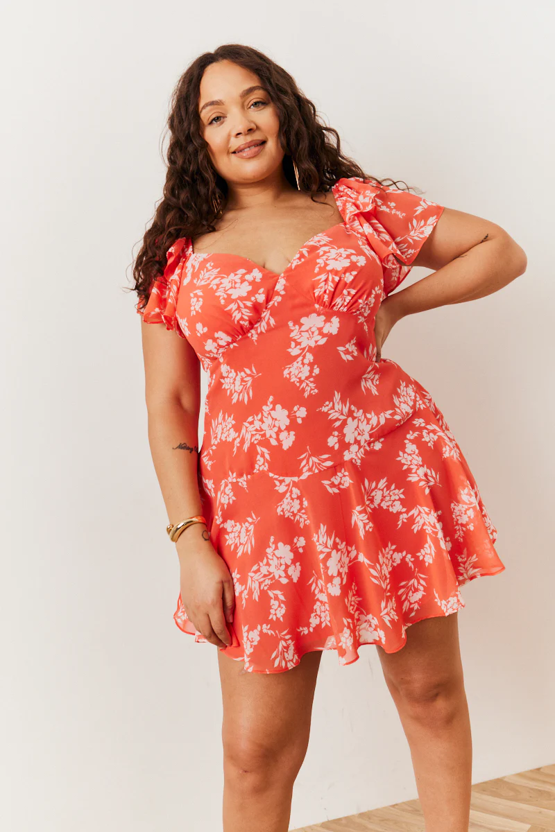 Coral Floral Print Chiffon Flutter Sleeve Mini Dress - Image 3