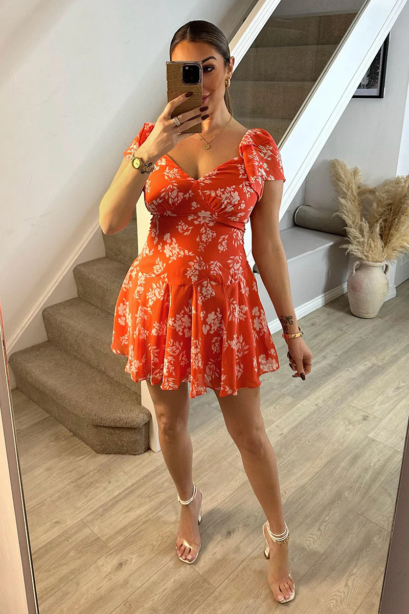 Coral Floral Print Chiffon Flutter Sleeve Mini Dress - Image 5