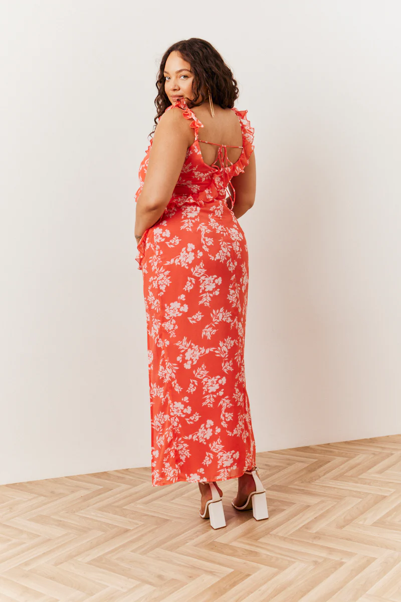 Coral Floral Print Chiffon Frill Detail Maxi Dress - Image 2