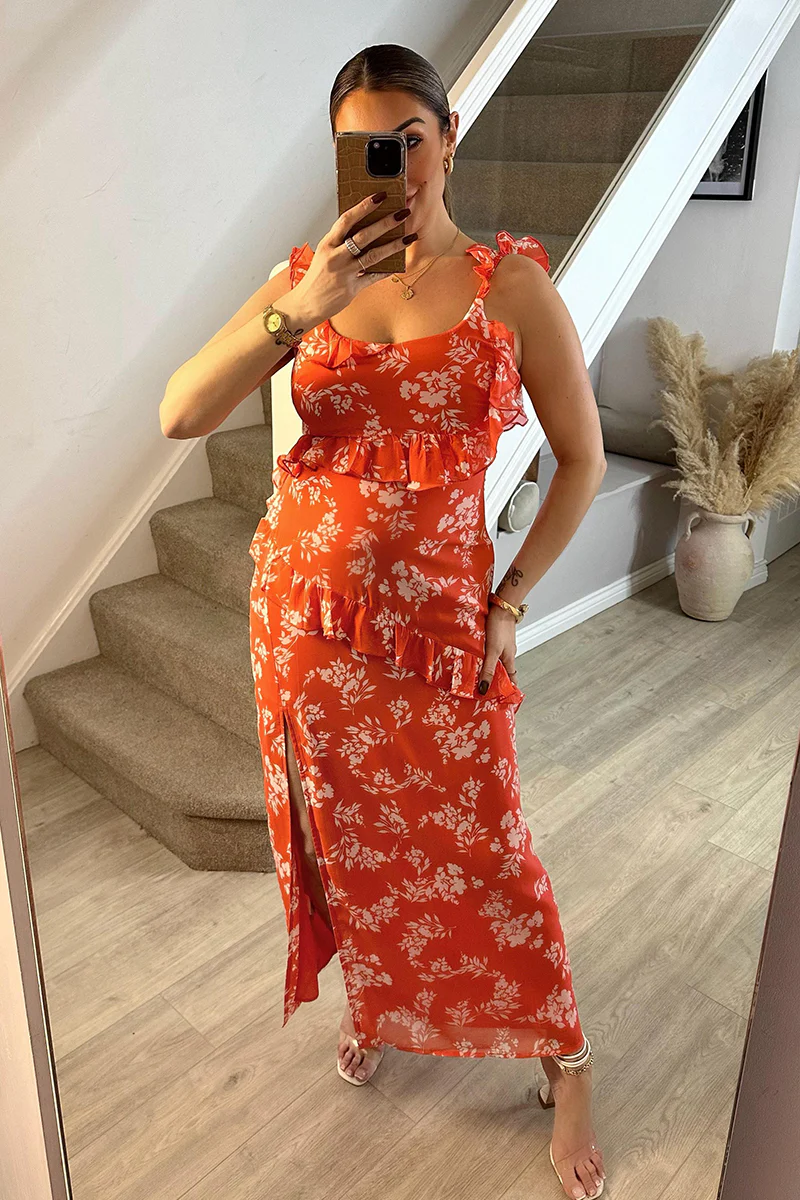 Coral Floral Print Chiffon Frill Detail Maxi Dress - Image 3