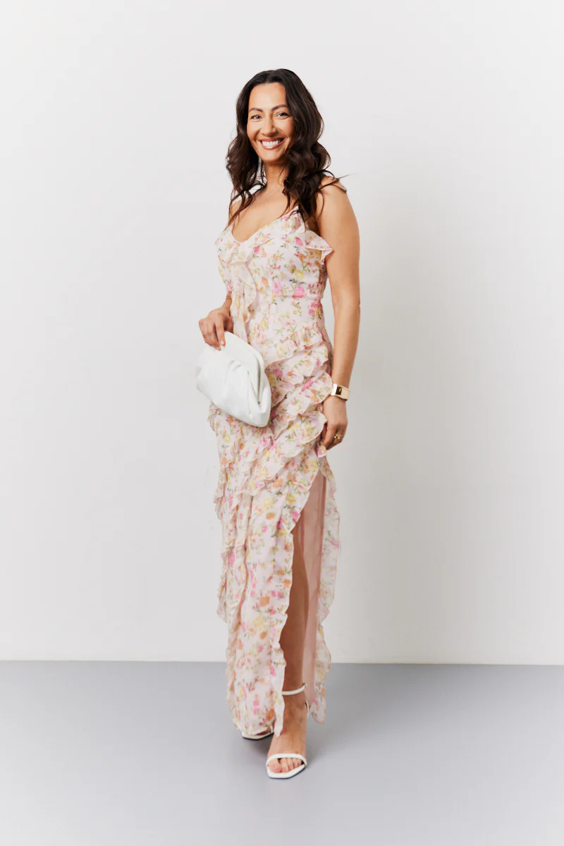 Pink Floral Frill Detail Maxi Dress