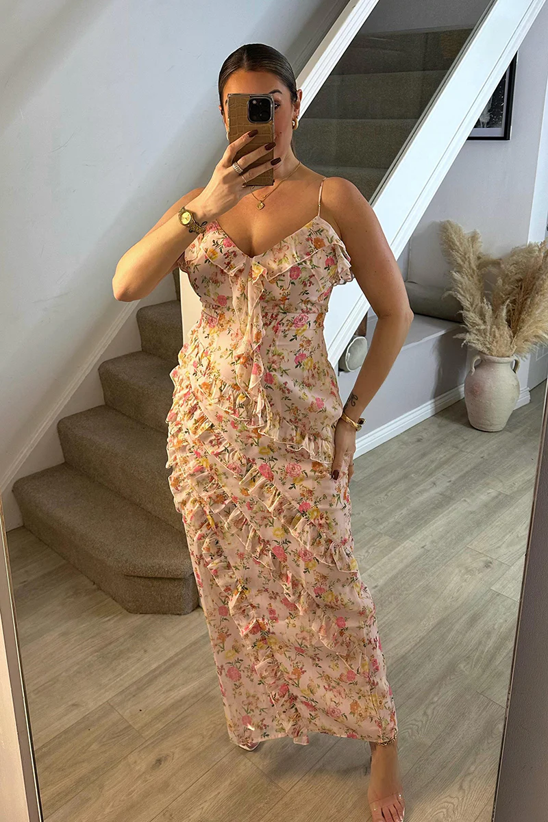 Pink Floral Frill Detail Maxi Dress - Image 5