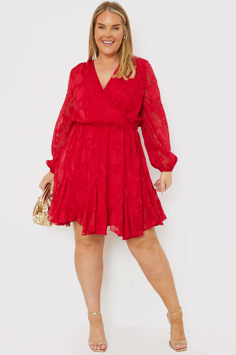 Floral Jacquard Chiffon Wrap Detail Mini Dress - Image 2