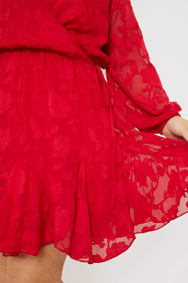 Floral Jacquard Chiffon Wrap Detail Mini Dress - Image 3