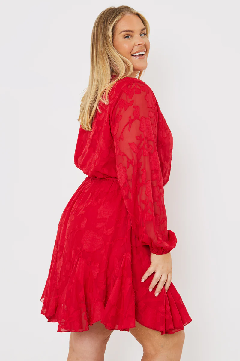 Floral Jacquard Chiffon Wrap Detail Mini Dress - Image 4
