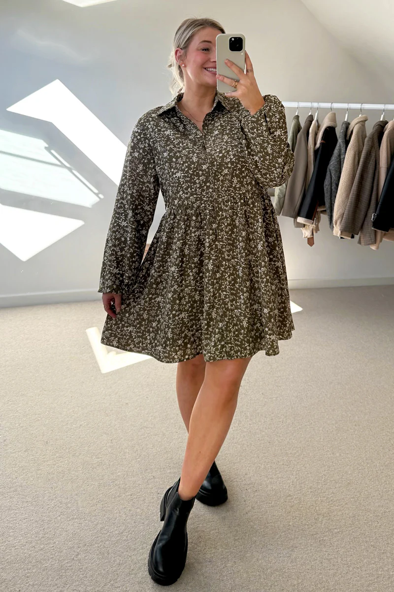 Floral Print Button Through Tiered Smock Dress