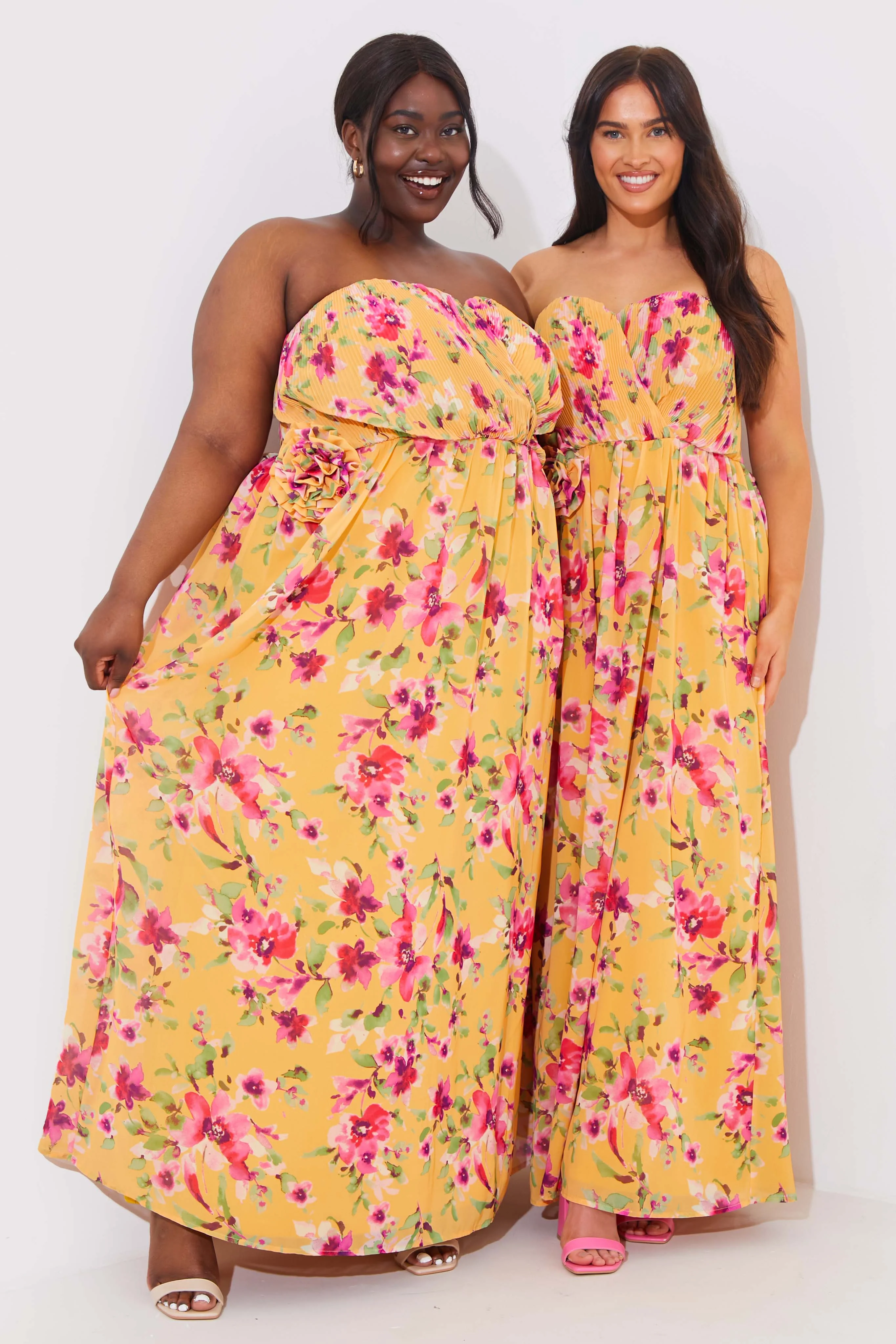 Floral Plisse Bandeau Maxi Dress With Removable Corsage