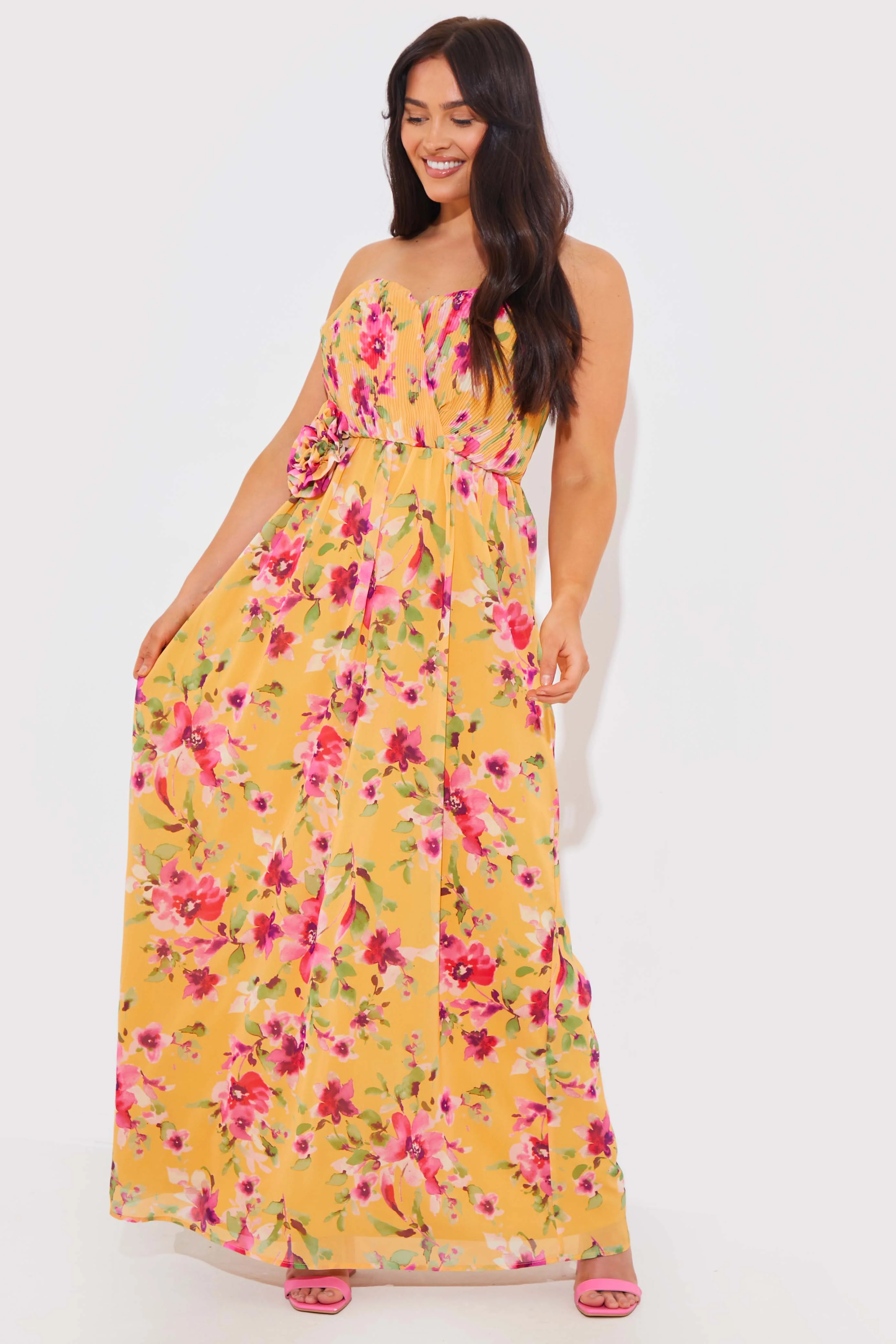 Floral Plisse Bandeau Maxi Dress With Removable Corsage - Image 2