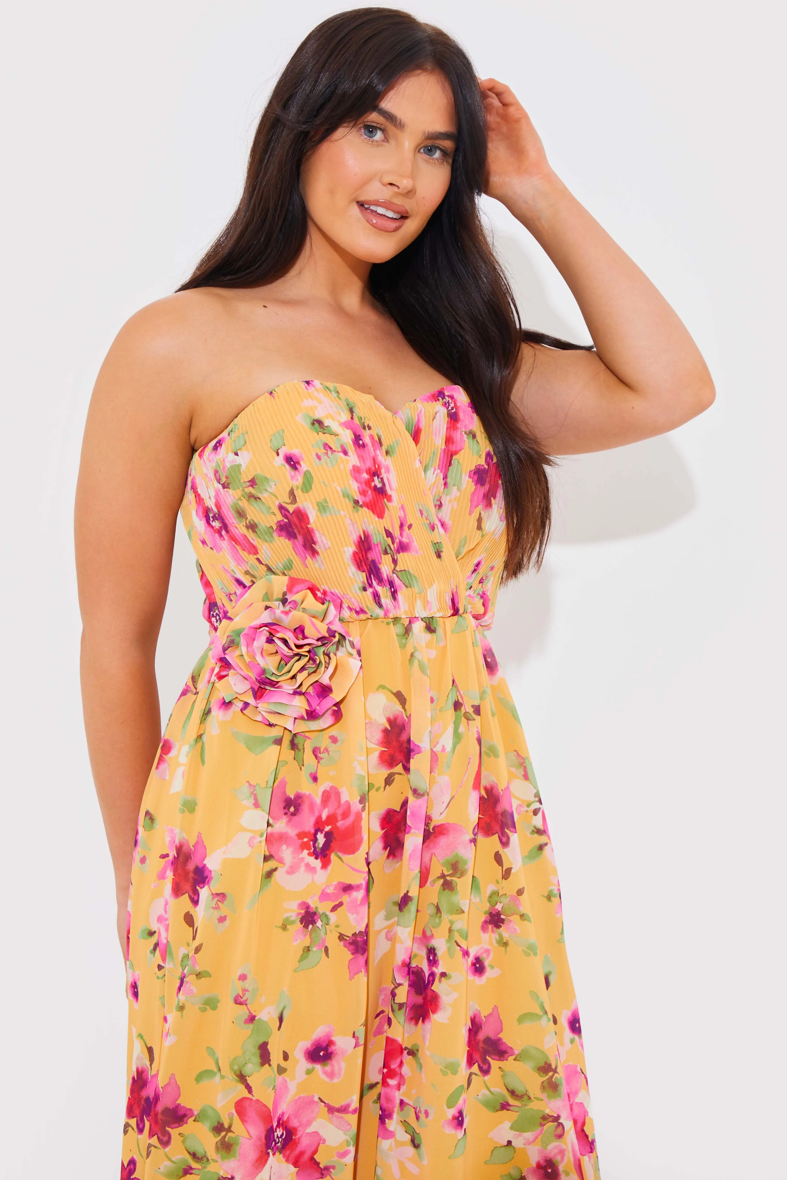 Floral Plisse Bandeau Maxi Dress With Removable Corsage - Image 3