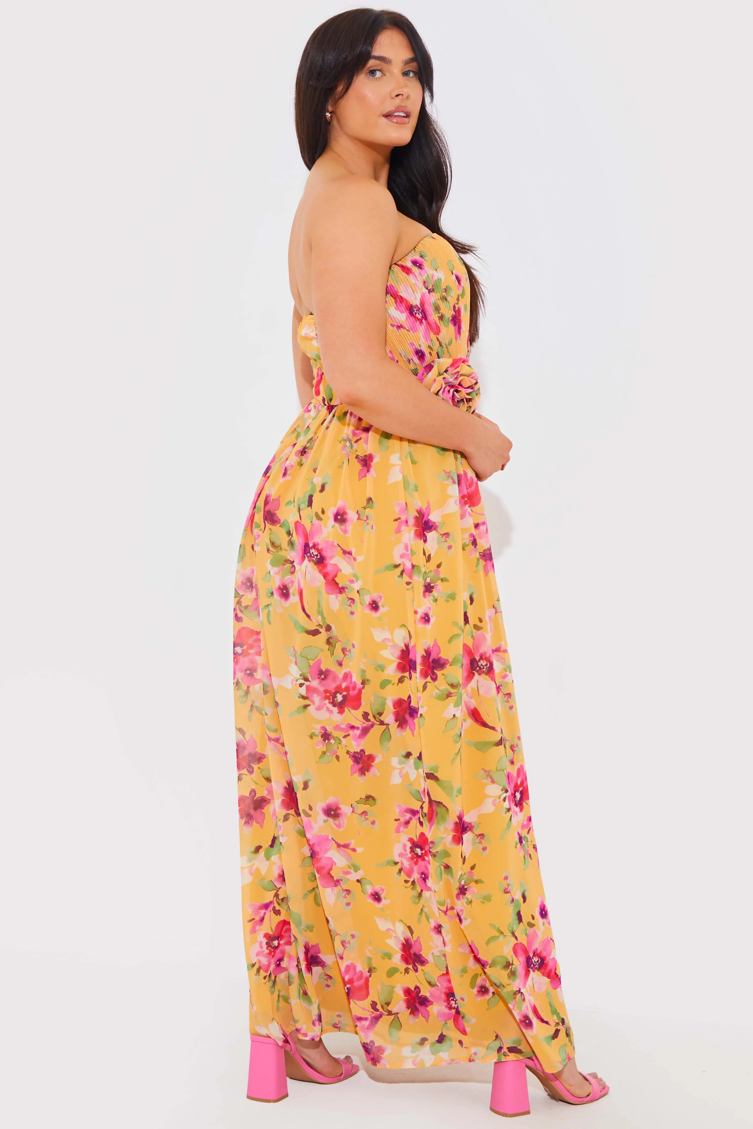 Floral Plisse Bandeau Maxi Dress With Removable Corsage - Image 4