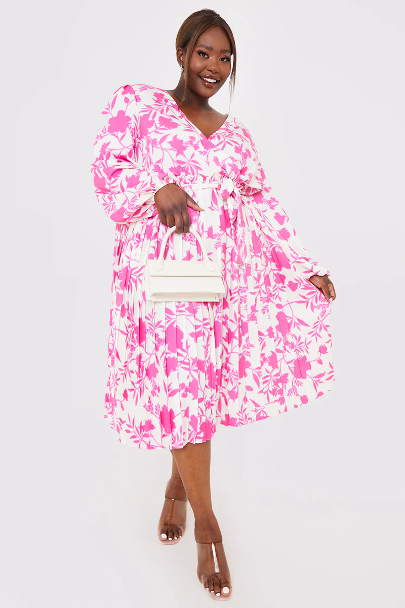 Floral Print Long Sleeve Pleated Midi Dress - Image 5