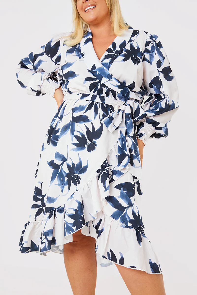 Floral Print Long Sleeve Wrap Frill Detail Midi Dress - Image 2
