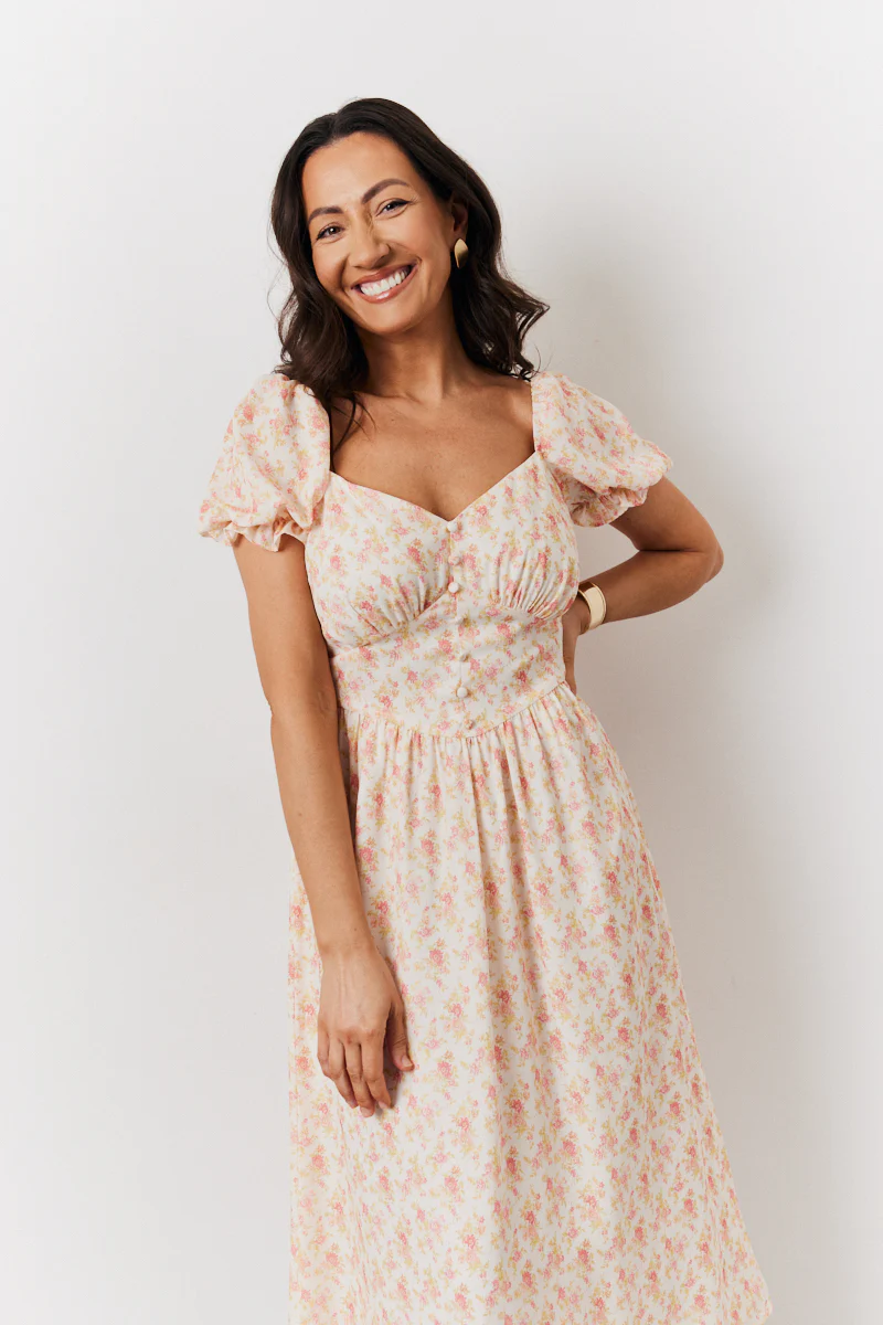 Cream Floral Print Puff Sleeve Milkmaid Midi Dress - Image 2