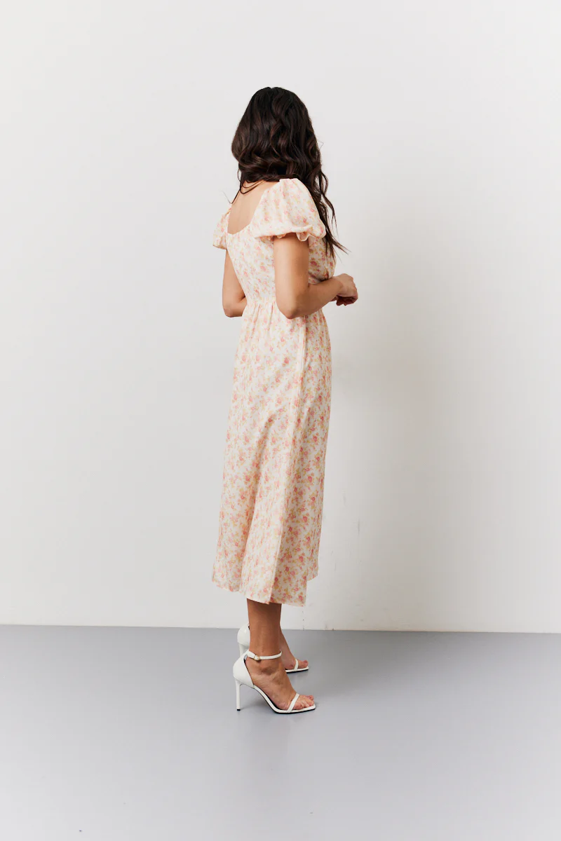Cream Floral Print Puff Sleeve Milkmaid Midi Dress - Image 3