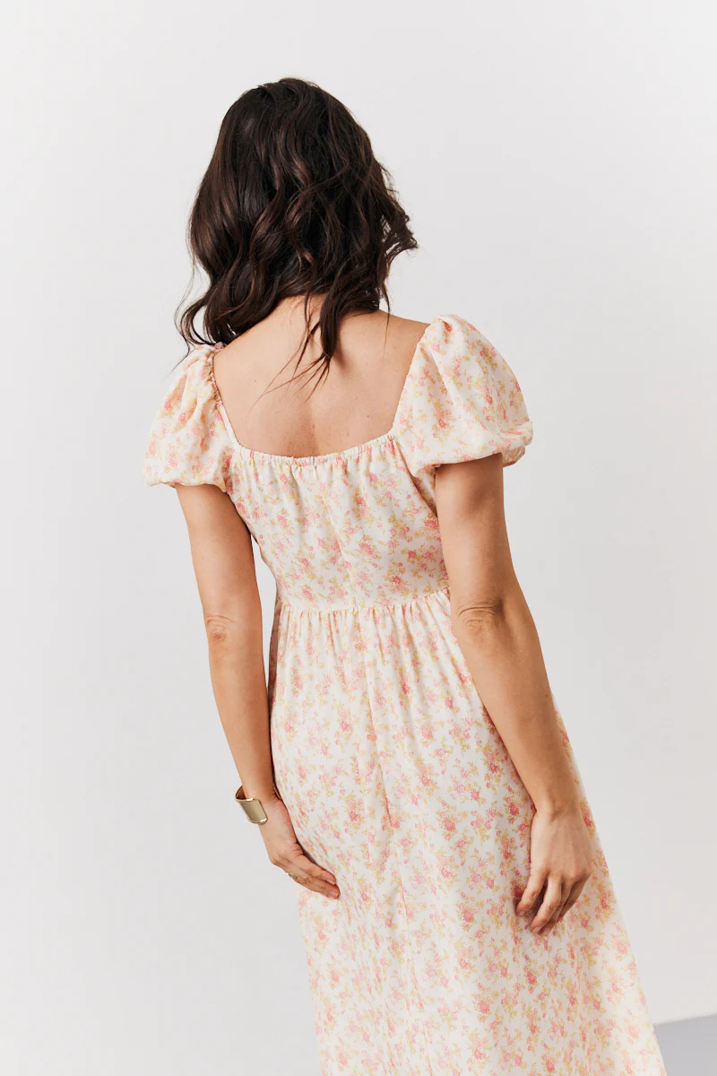 Cream Floral Print Puff Sleeve Milkmaid Midi Dress - Image 4