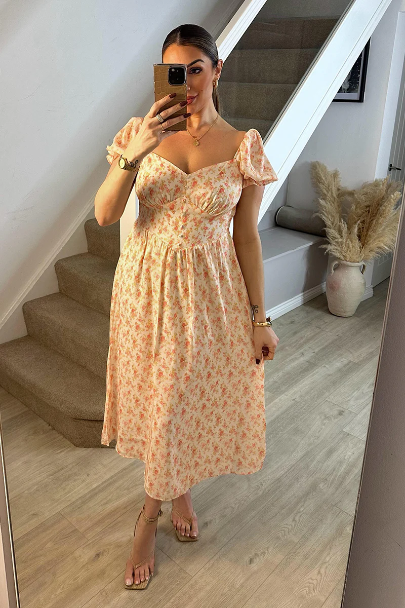 Cream Floral Print Puff Sleeve Milkmaid Midi Dress - Image 5