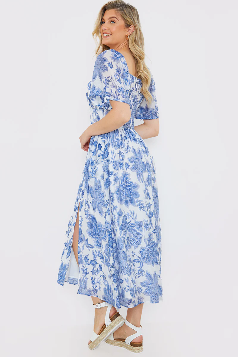 Floral Puff Sleeve Sweetheart Midi Dress - Image 3
