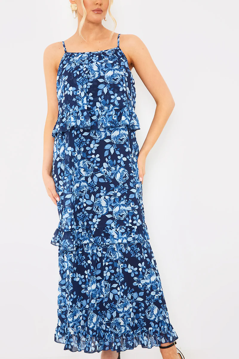 Floral Chiffon Tiered Frill Detail Midaxi Dress - Image 3